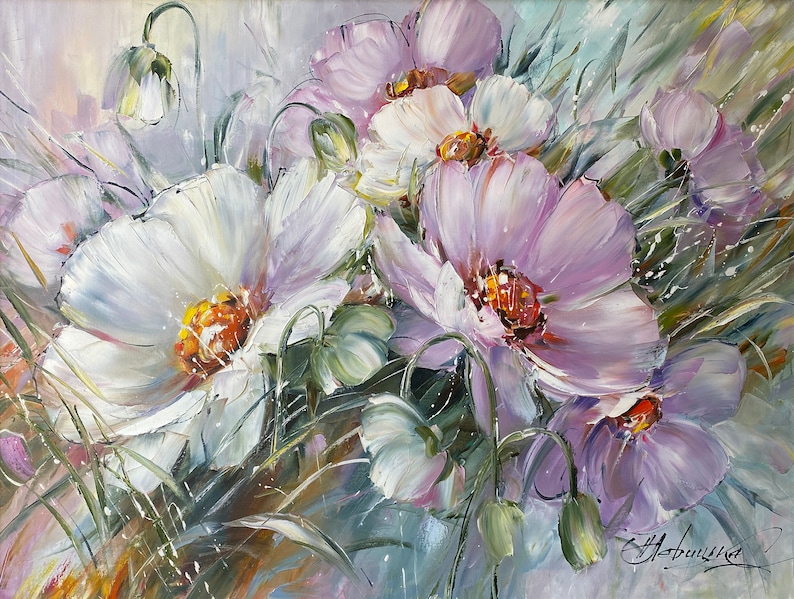 Large Flowers Oil Painting Original Daisy Wall Art Saga Green Purple Dining Room Decor Above Bed Art 40x30 Realistic Flower Daisy Painting image 1