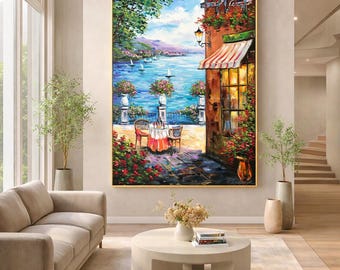 イタリアのカフェを描いた油絵オリジナル、イタリアの海辺の村のアート