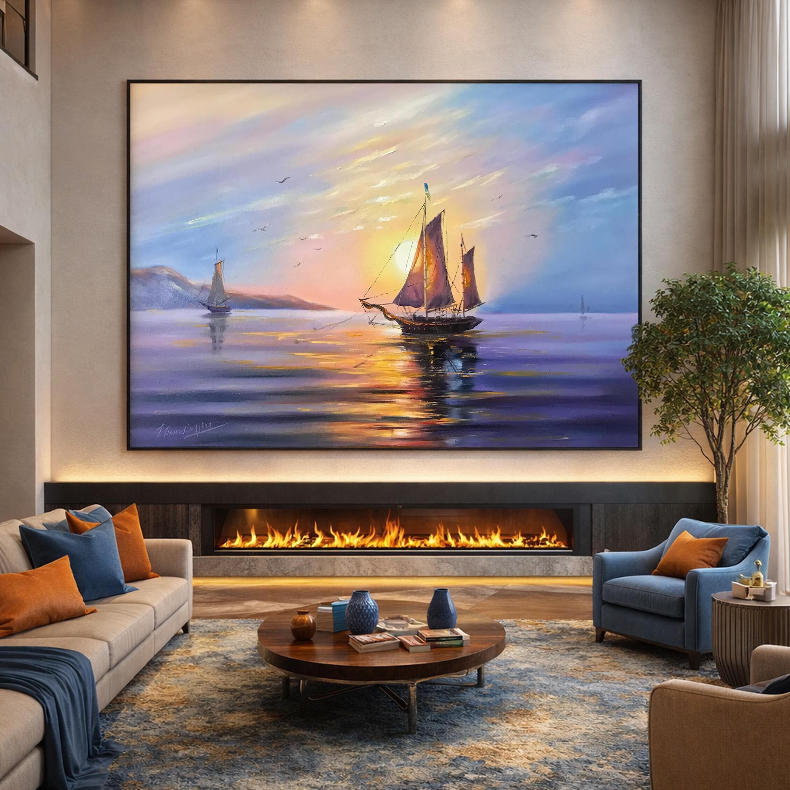 夕日のボートの油絵（キャンバス）、黄金の海景の壁掛けアート、帆船の