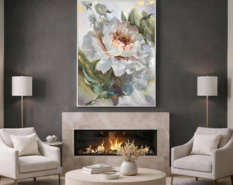 大きな抽象的な花の油絵、白緑の花の壁アート、ニュートラルカラーの花