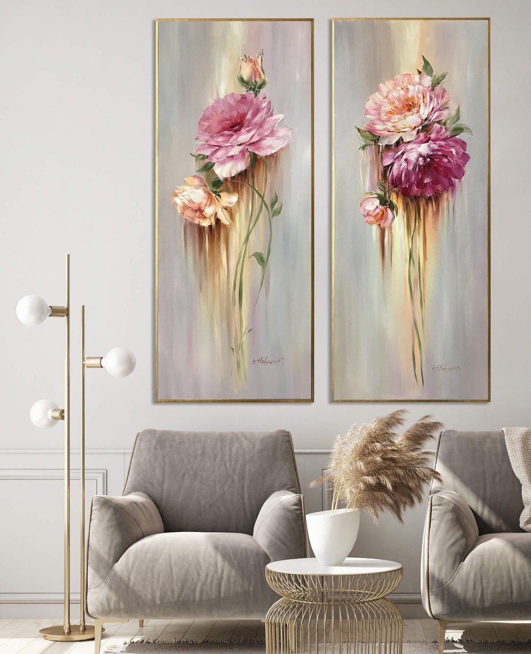 Long Narrow Wall Art Abstract Flower Oil Painting 2 Piece Wall Art 2