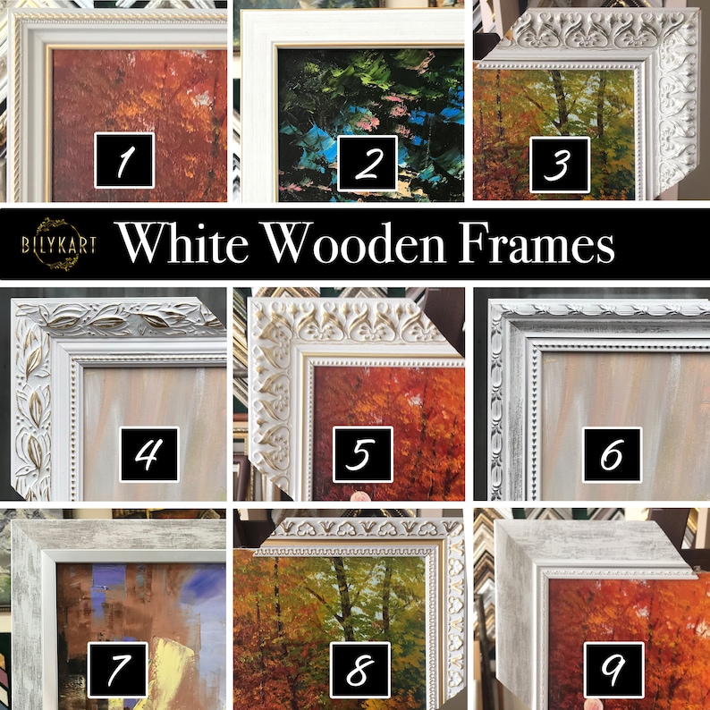 May include: Nine white wooden picture frames with different styles and designs. The frames are arranged in a grid pattern and each frame has a number from 1 to 9. The frames are all empty and ready to be filled with pictures.