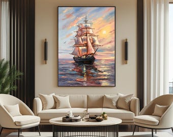 大型船の絵画 オリジナル海洋油絵 セーリングアート 帆船装飾 平和な壁