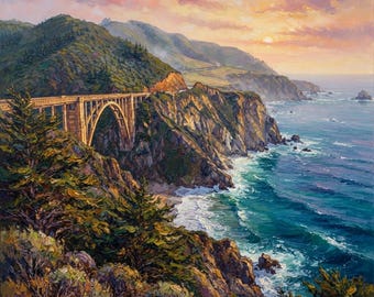 カリフォルニア海岸油絵オリジナル額装パノラマビッグサーアートワーク