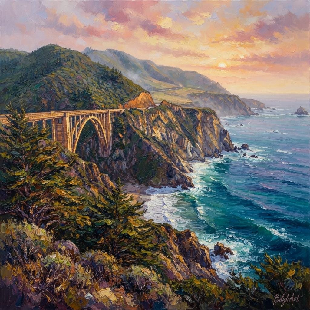 カリフォルニア海岸油絵オリジナル額装パノラマビッグサーアートワーク