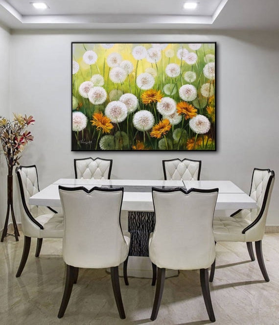 大きなタンポポの油絵 オリジナルの野生の花の額入りアート 緑の