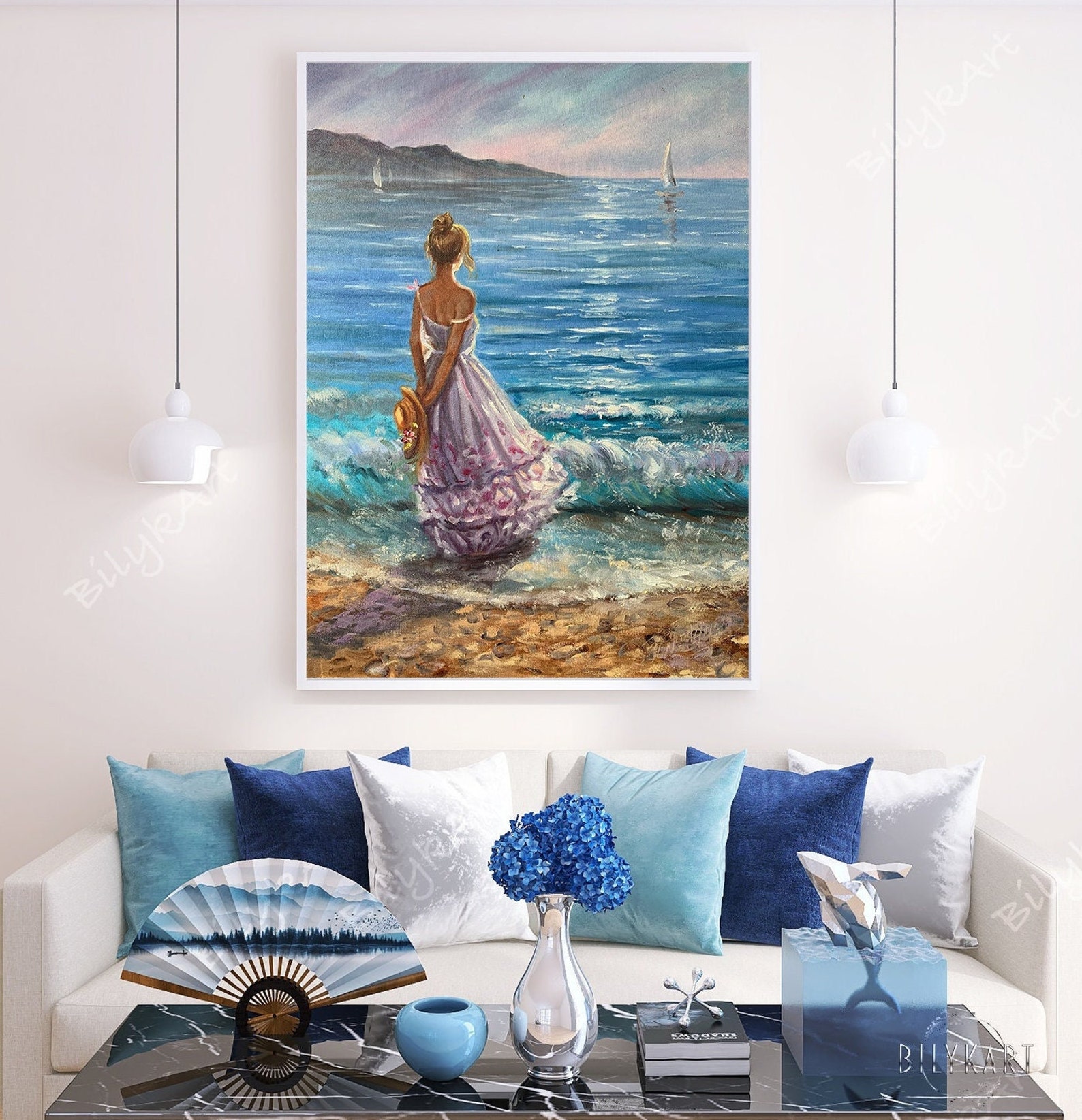 Beach Girl Oil Painting Woman by the Ocean Wall Art Romantic Gift for ...