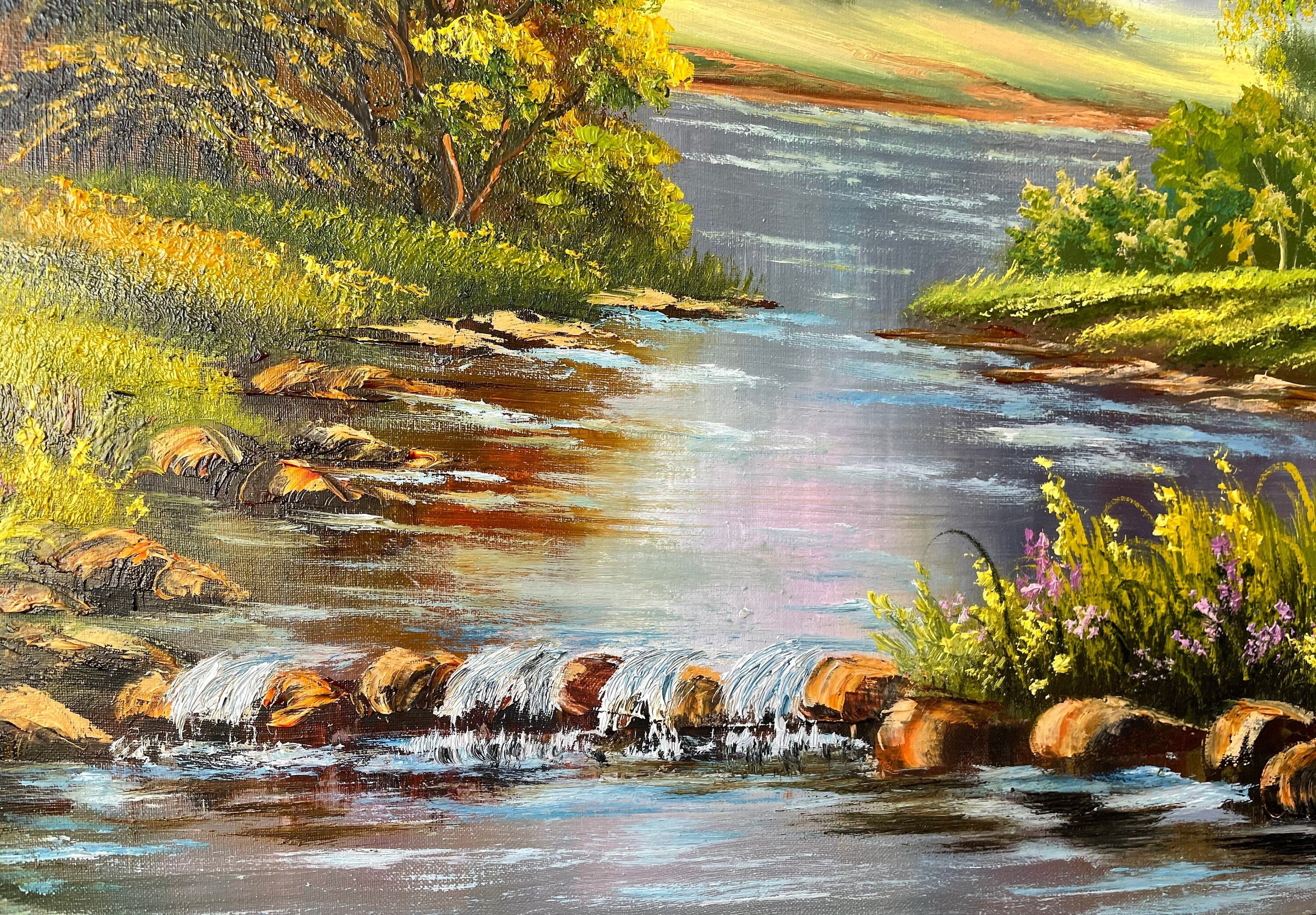 緑の森の絵画 オリジナルの木々の壁アート 川の油絵 キャンバスに描か