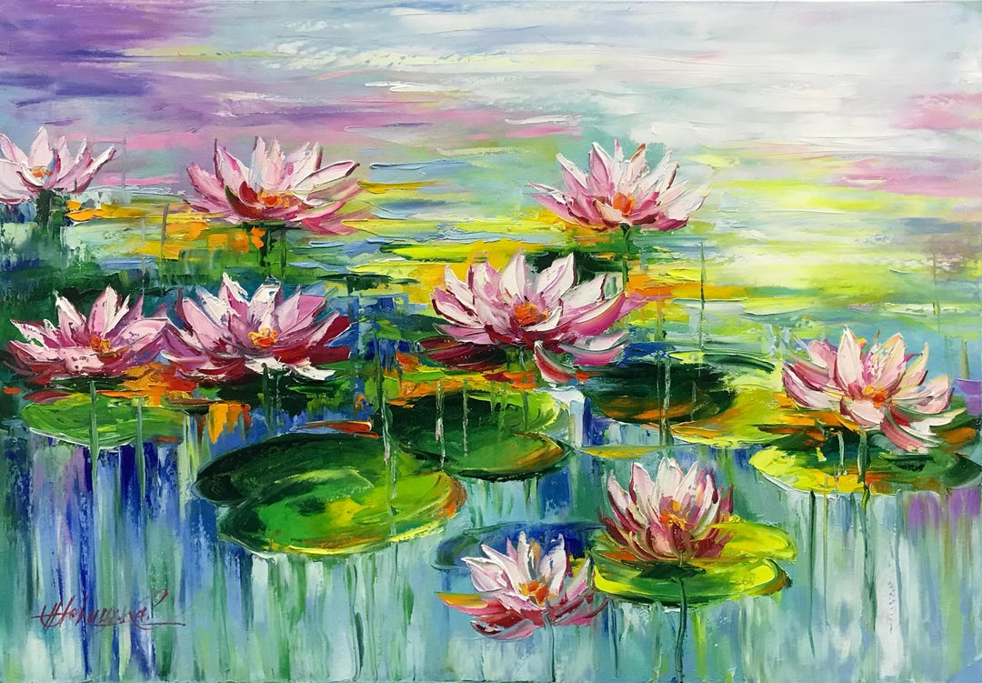クロード・モネのキャンバスに描かれた睡蓮の壁画、蓮の花のアート