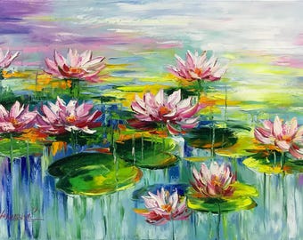 クロード・モネの睡蓮の絵画：ピンクの蓮の花のアート - Etsy 日本