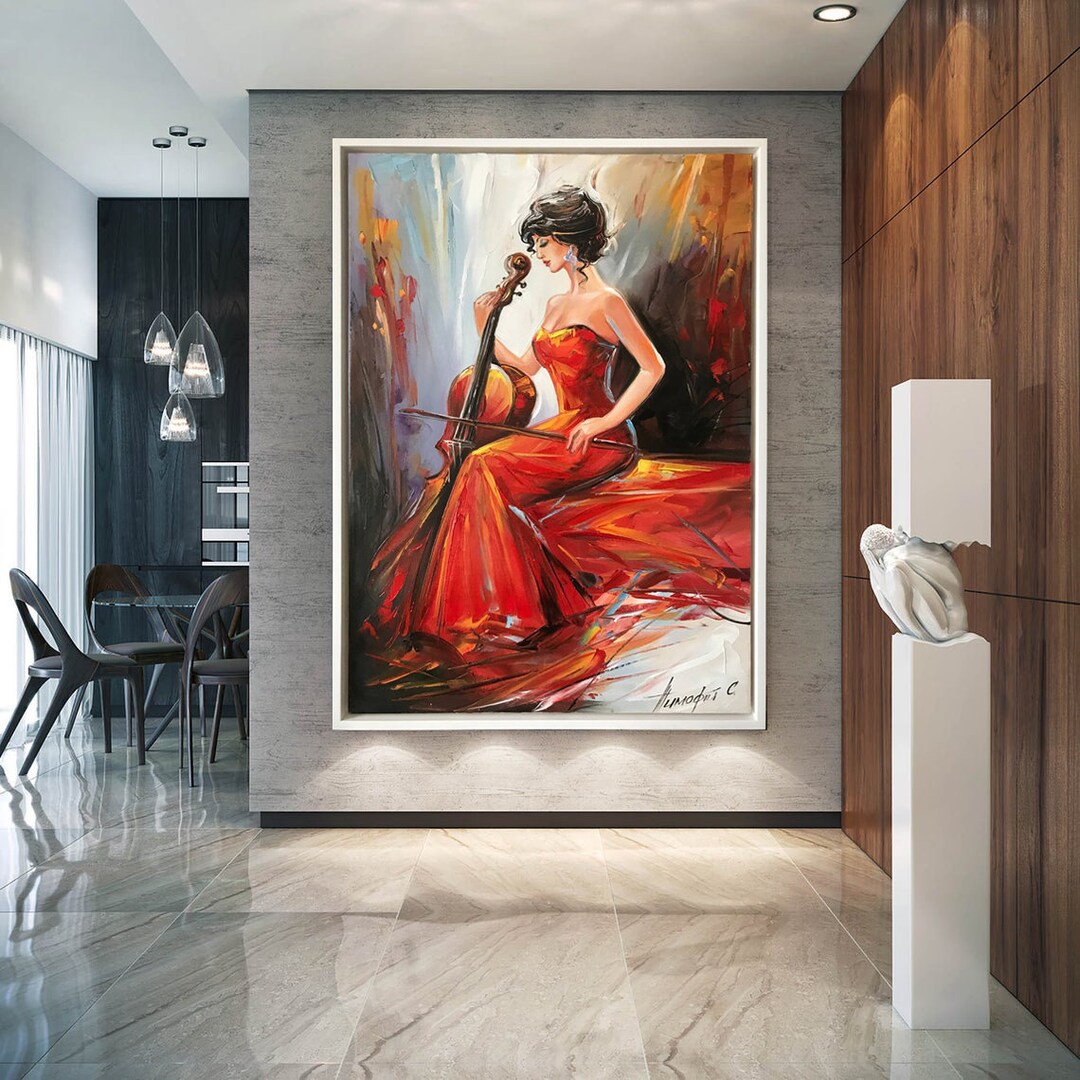 Woman Playing Cello Oil Painting Original, Elegant Lady in Red Dress ...
