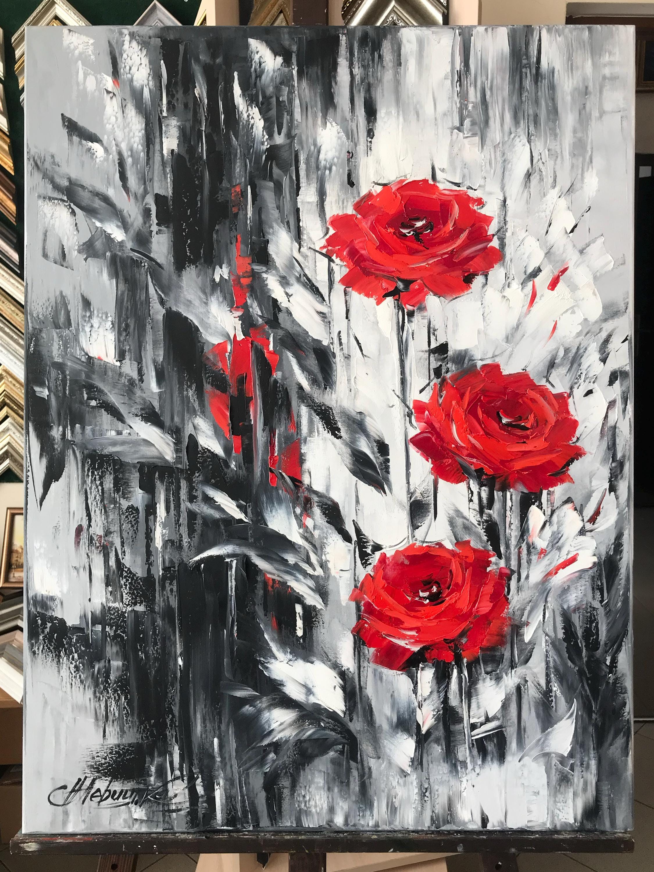 ロマンチックなバラの絵画オリジナルアートワーク白黒の花の絵画赤い