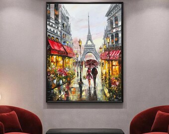 パリの愛の油絵オリジナルのロマンチックな愛の絵画エッフェル塔アート