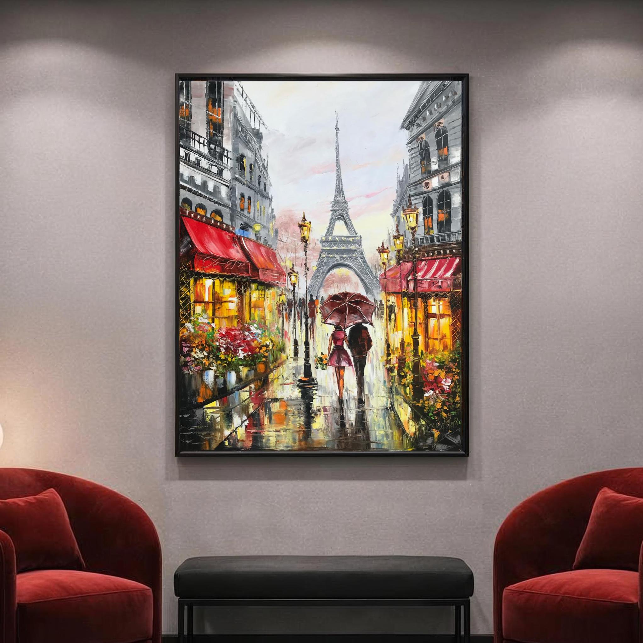 パリの愛の油絵オリジナルのロマンチックな愛の絵画エッフェル塔アート