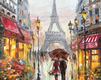 パリの愛の油絵 オリジナルのロマンチックな愛の絵画 エッフェル