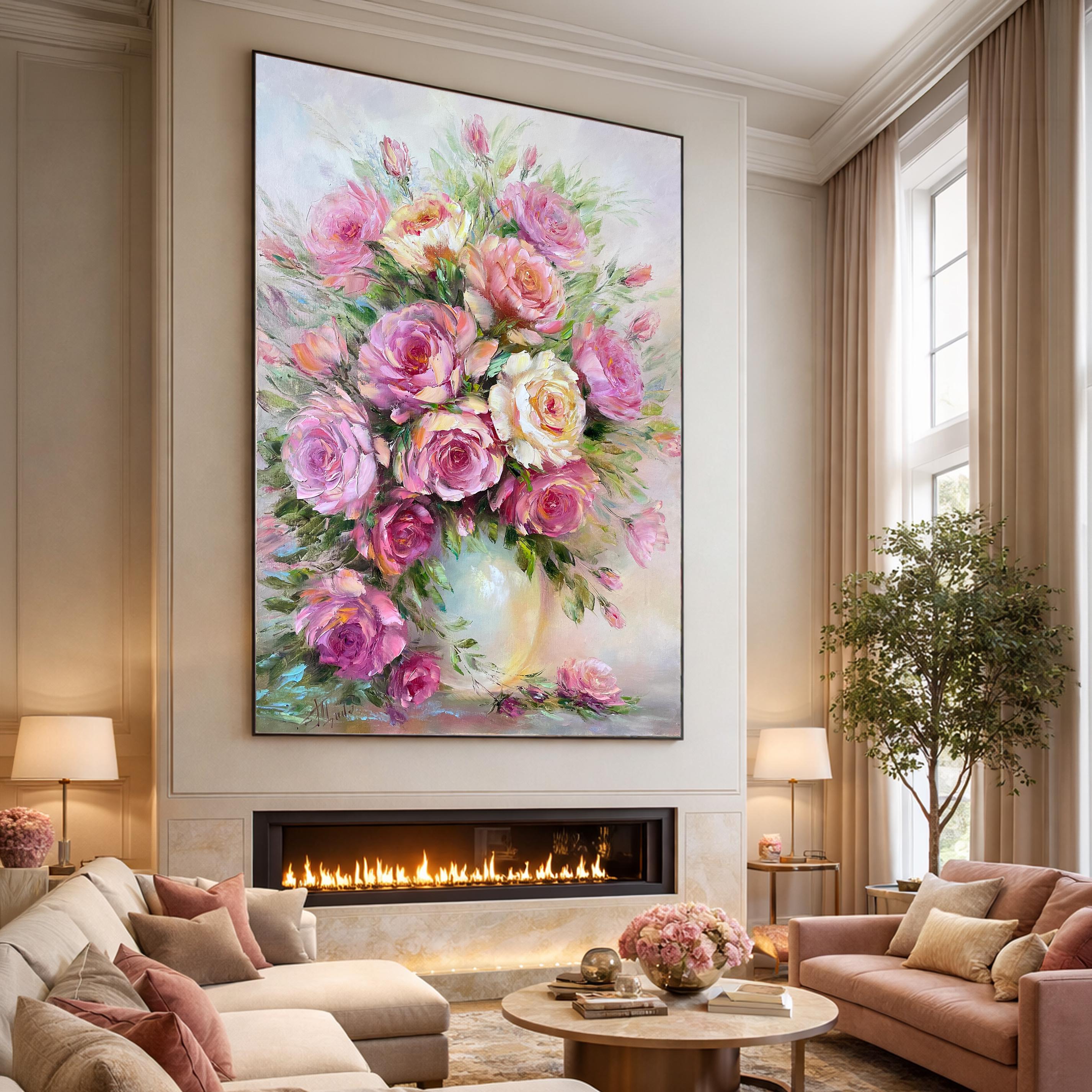 ピンクのバラの油絵 オリジナルの花瓶に入った花の絵画 クラシックな壁