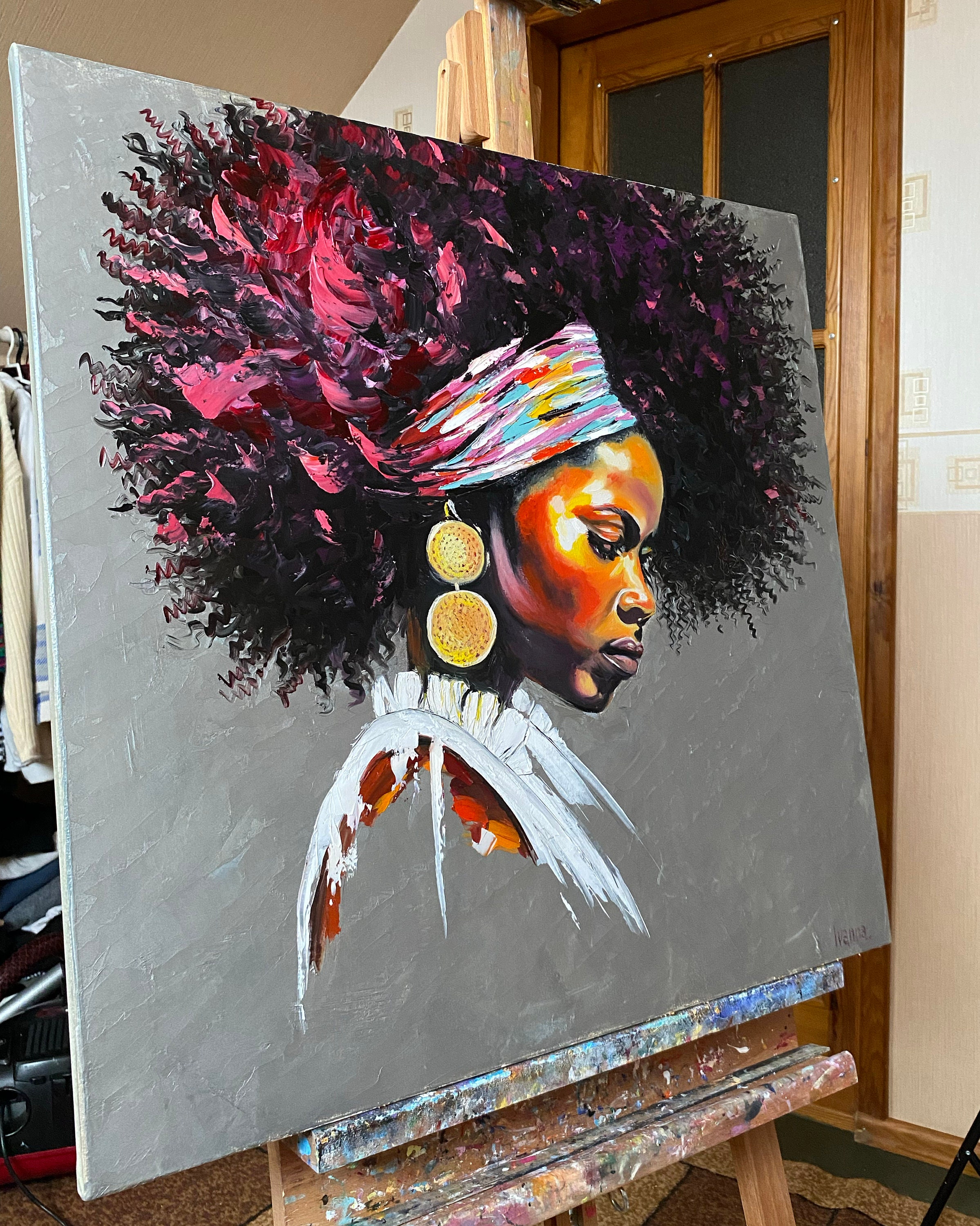 アフリカ系アメリカ人の油絵 オリジナルアフリカ女性絵画 黒人女性の