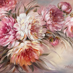 Pink Peonies Original Painting, Large Blooming Flowers Wall Art, Peony Painting Oil on Canvas, Pink Abstract Floral Art, Peonies Wall Art