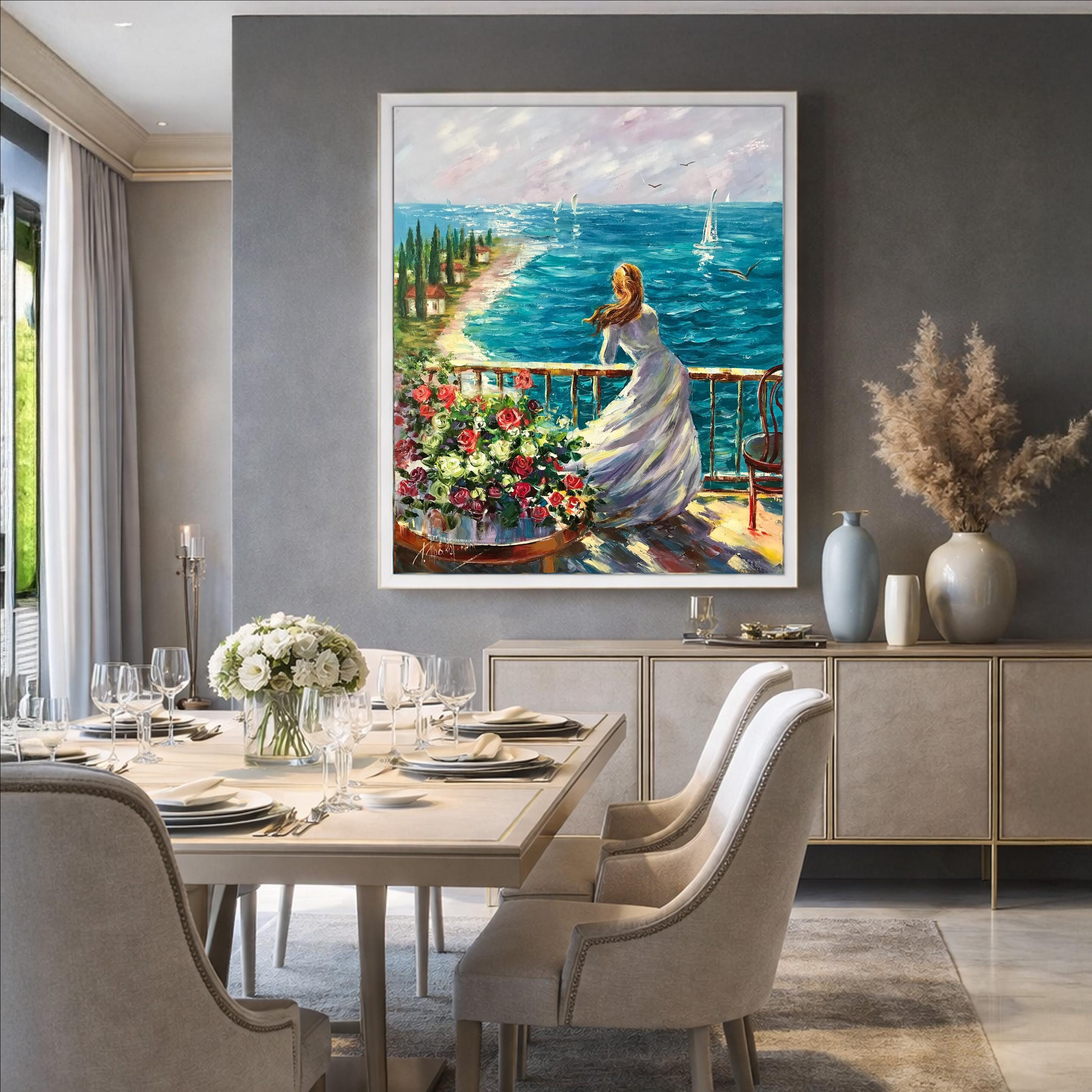 海辺の女性 油絵 ビーチで夢見る少女 アート風景 アートキャンバス