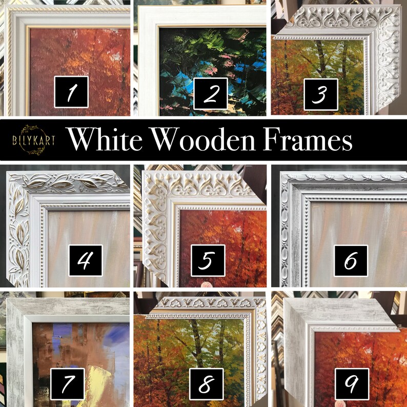 May include: Nine white wooden picture frames with different styles and designs. The frames are arranged in a grid pattern and each frame has a number from 1 to 9. The frames are all white and have a variety of ornate details.