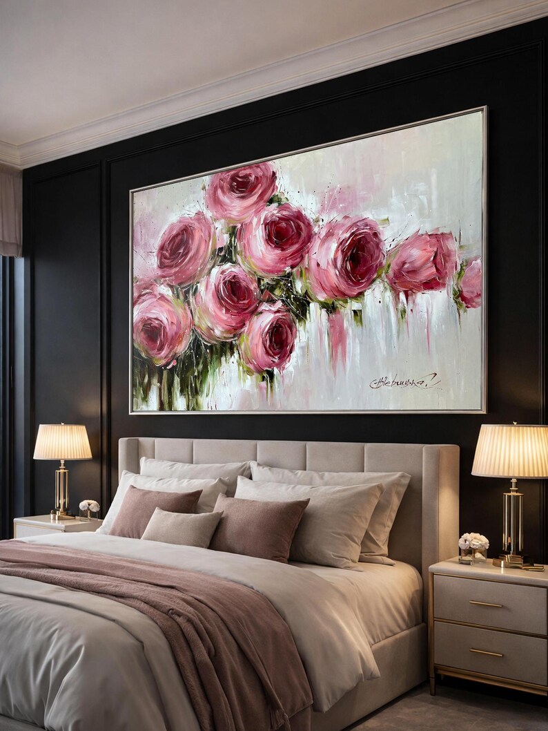 Large Oversized Roses Wall Art Pink Canvas Flowers Oil Painting Luxury ...