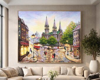 大きな都市風景の油絵、オリジナルのヨーロッパの都市の壁画