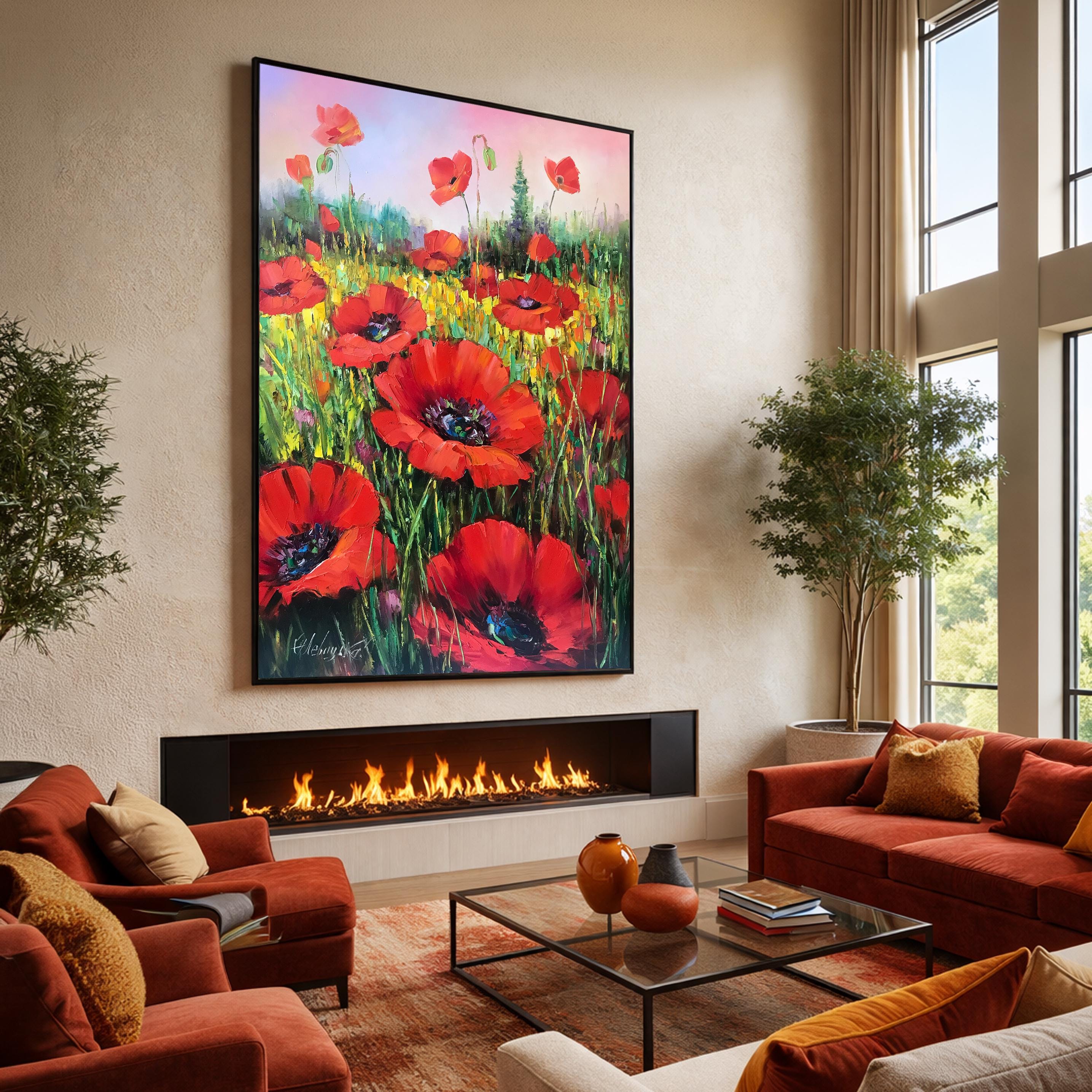 Red Poppies Painting Handpainted Wildflowers Field Wall Art Red Flower ...