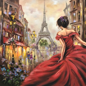 Woman in Paris Oil Painting on Canvas Original Ballerina Wall Art Lady in Red Dress Painting Romantic Artwork Ballerina Painting Paris Decor