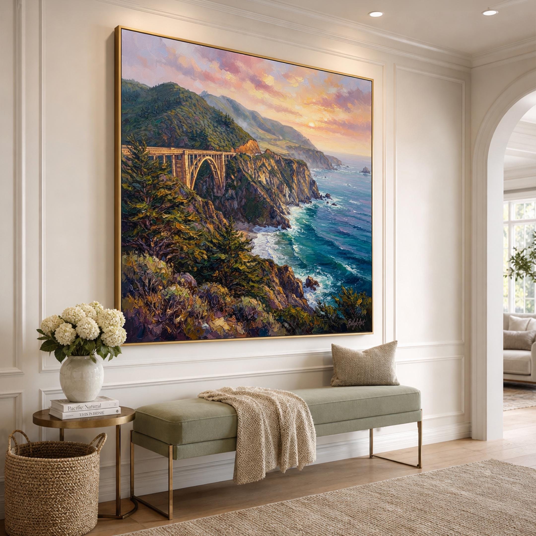 カリフォルニア海岸油絵オリジナル額装パノラマビッグサーアートワーク