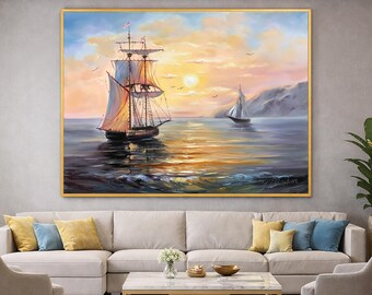 キャンバスに描かれた海事絵画 海に浮かぶ船の夕焼け油絵 オリジナル