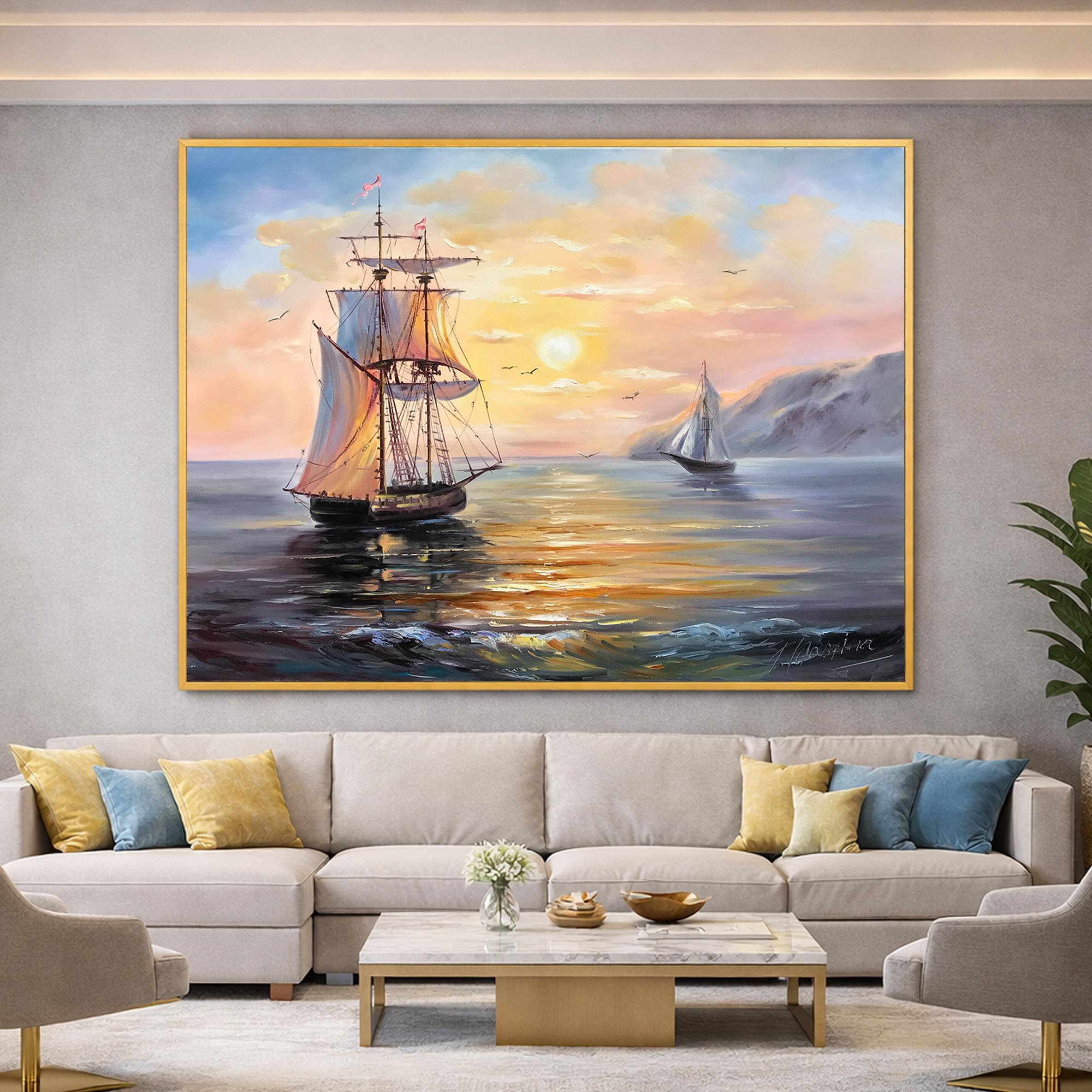 キャンバスに描かれた海事絵画 海に浮かぶ船の夕焼け油絵 オリジナル