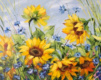 Ukraine Sunflower Oil Painting Original Art Work Sunflowers Painting on Canvas Ukrainian Flower Field Painting Ukraine Sunflower Artwork