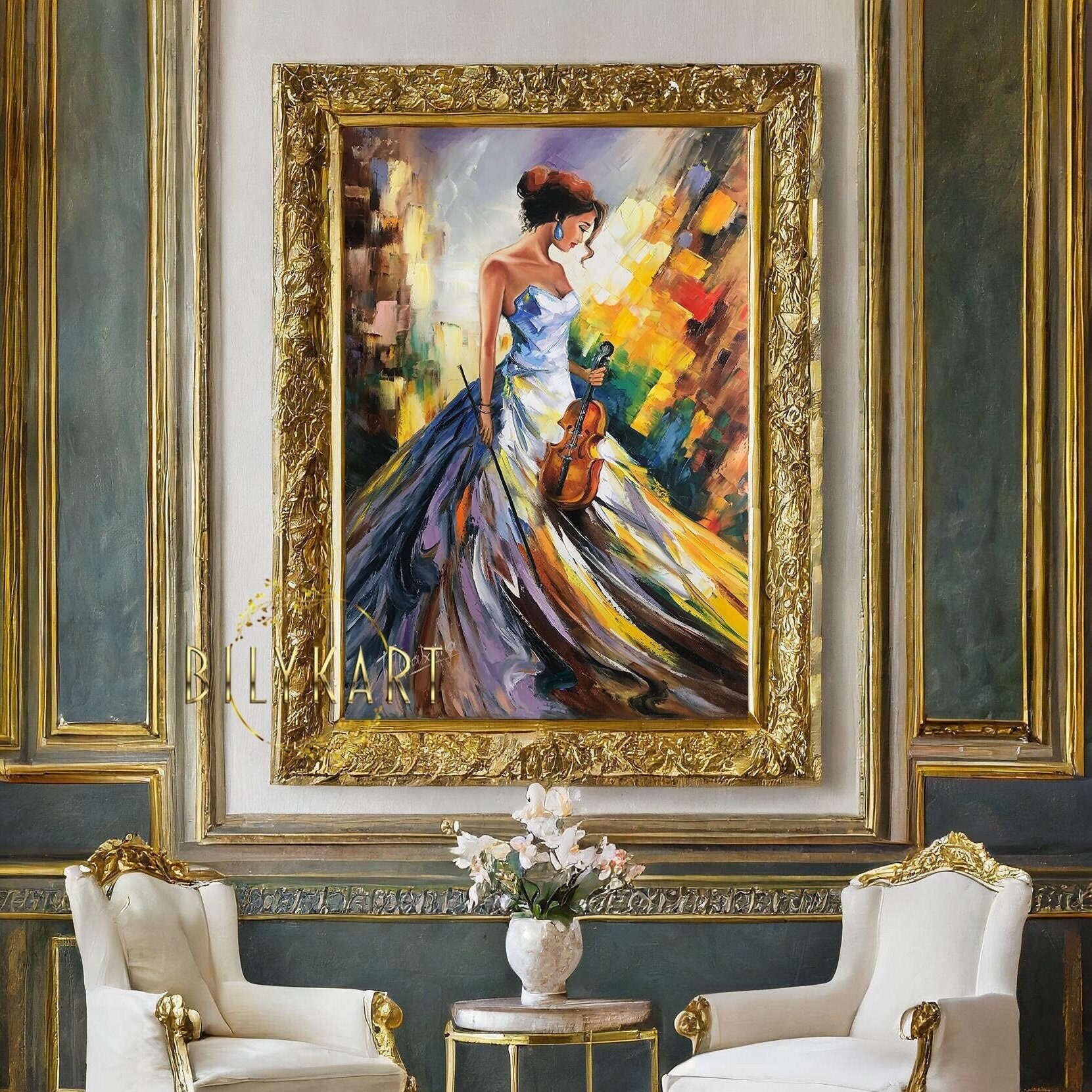 油彩画 ヴァイオリン?を持つ女性 金色 額縁が素晴らしい! 油彩画 ヴァイオリン?を持つ女性 金色 額縁が素晴らしい!