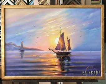 夕日のボートの油絵（キャンバス）、黄金の海景の壁掛けアート、帆船の