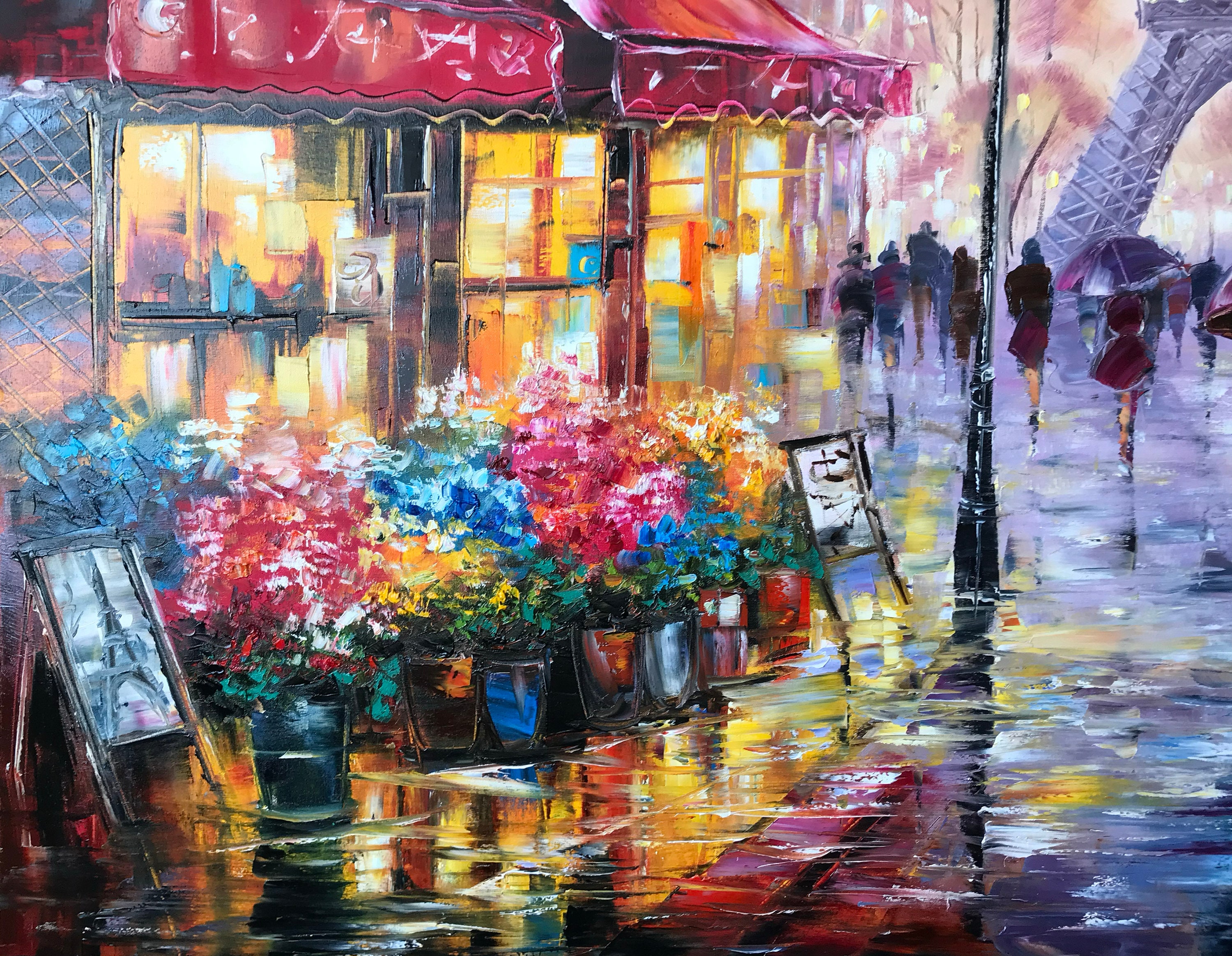 パリの愛の油絵 オリジナルの赤い傘の絵画 エッフェル塔のアート パリ