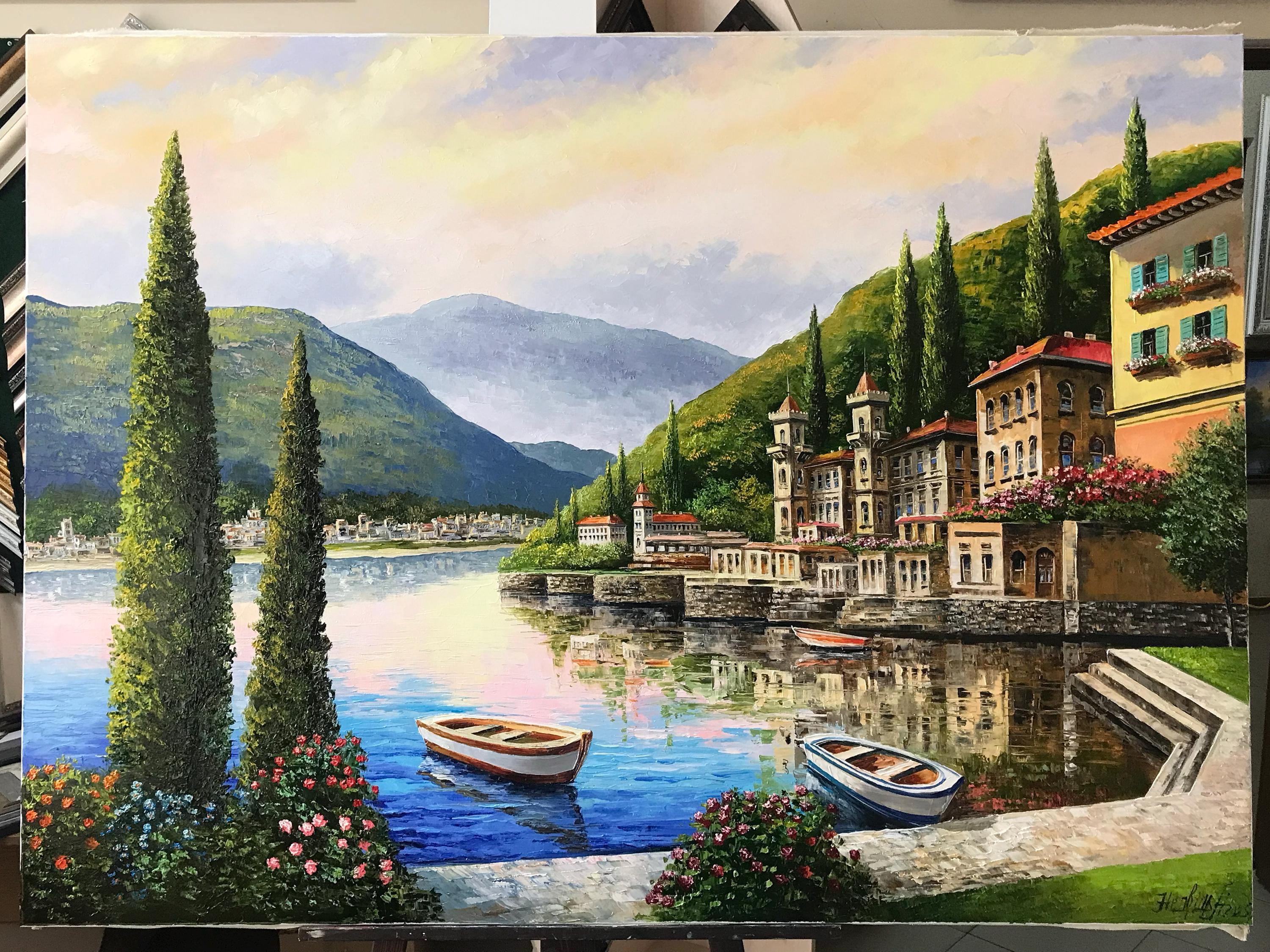 コモ湖の油絵 オリジナルイタリア風景画 キャンバス イタリアアート