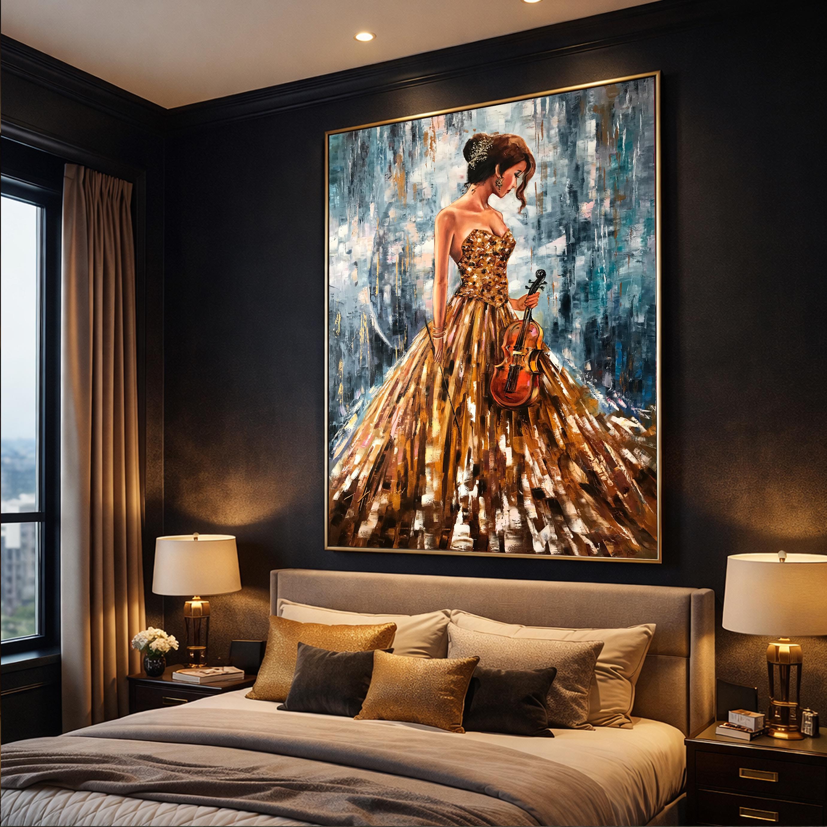 Gorgeous Girl With Violin Oil Painting Abstract Woman Wall Art Luxury ...