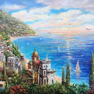 Positano Küste Italien Ölgemälde Original Italienische Landschaft Gemälde Italien Kunstwerk Panorama Landschaft Gemälde Italienische Amalfiküste Gemälde