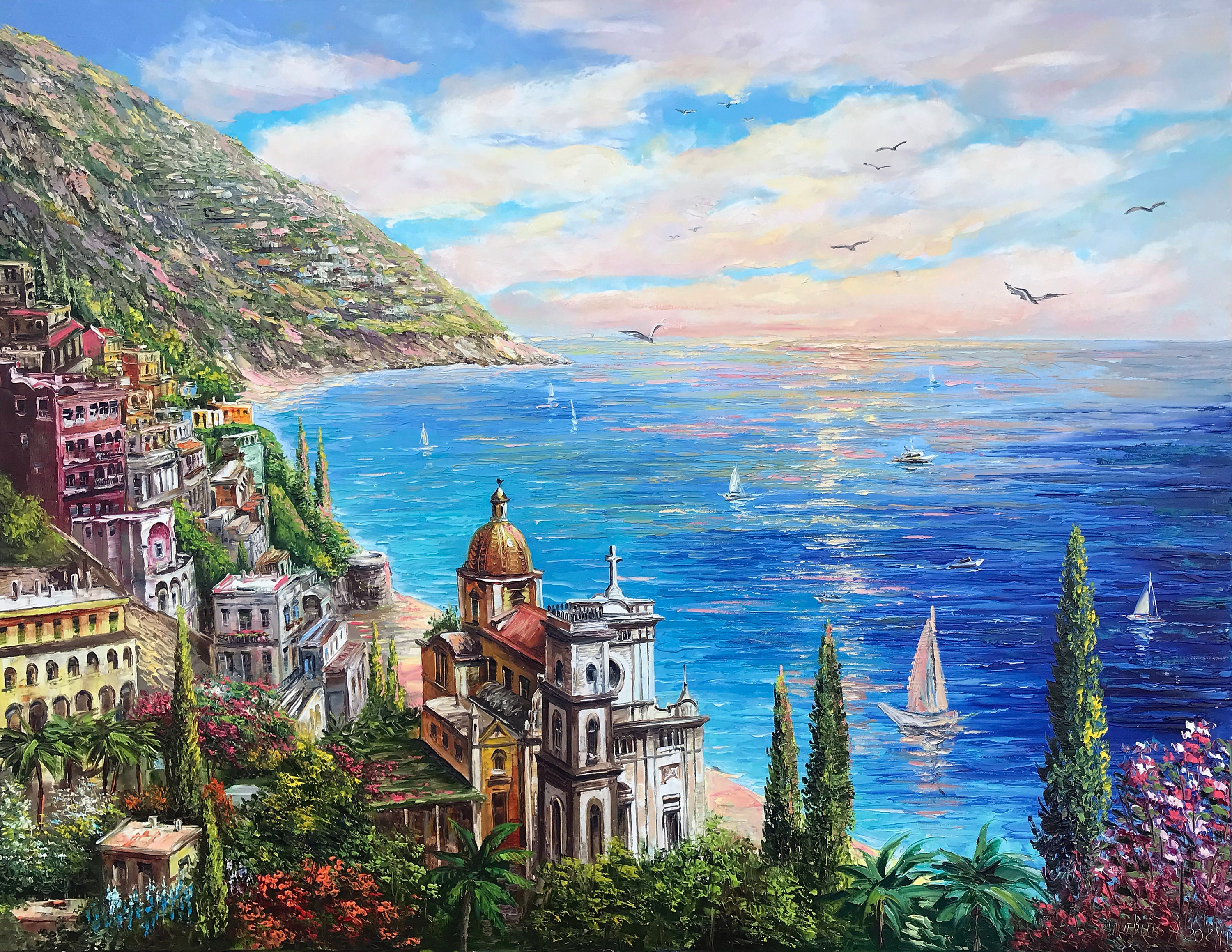 ポジターノ海岸 イタリア 油絵 オリジナル イタリア風景画