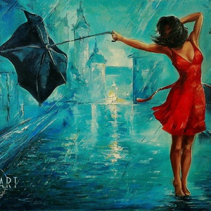 傘を持った男の子のオリジナル絵画、雨の日のアートワーク、小さな  