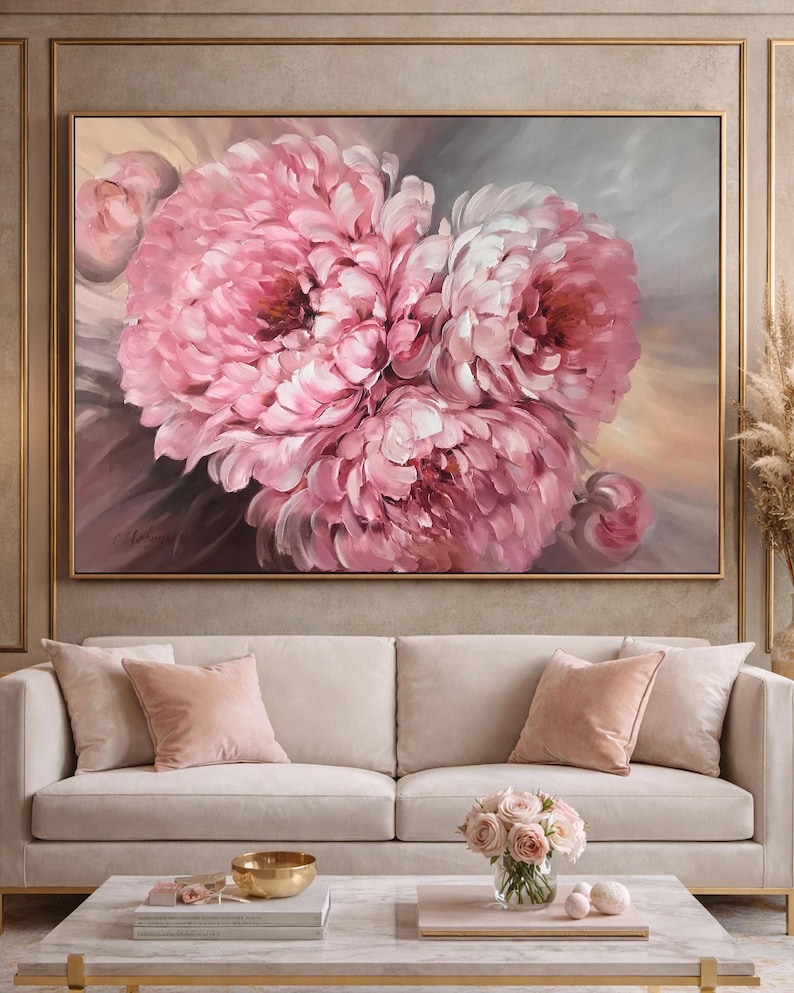 Large Pink Peony Oil Painting, Big Abstract Peonies Wall Art image 1