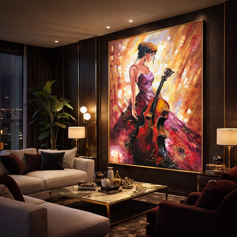Abstract Woman Oil Painting: Girl Playing Cello in Red Dress Wall Art ...