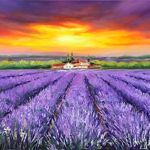 Tuscany Painting Original Italian Landscape Painting on Canvas Lavender Farm Wall Art Lavender Field Painting Sunset Italy Tuscan Paintings