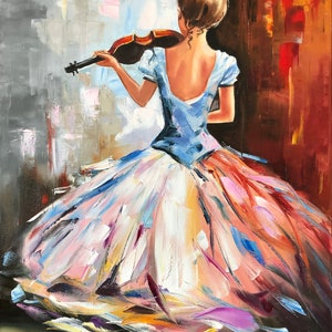May include: Oil painting of a woman playing a violin, seen from behind. She wears a light blue dress with a low back and a full skirt in shades of pink, white, and orange. The background has abstract brushstrokes.