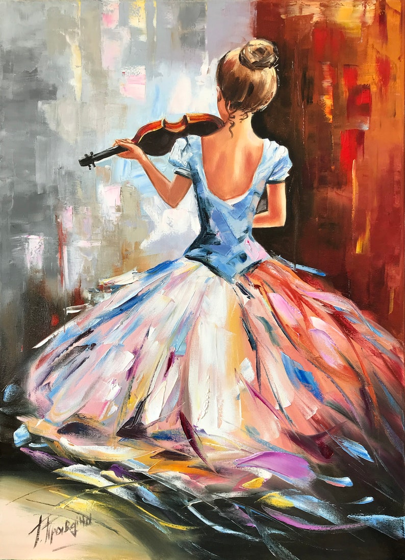 May include: Oil painting of a woman playing a violin, seen from behind. She wears a light blue dress with a low back and a full skirt in shades of pink, white, and orange. The background has abstract brushstrokes.
