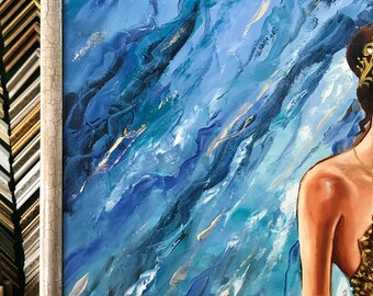 金色のドレスを着た女性の抽象的な油絵、オリジナルの少女の音楽の絵
