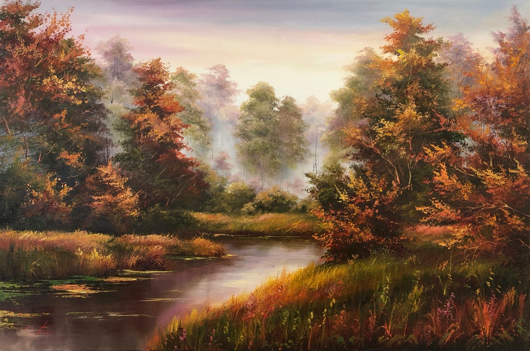 秋の油絵 キャンバスの風景 霧の森 川の絵 暗い自然 壁アート 秋の油絵 キャンバスの風景 霧の森 川の絵 暗い自然 壁アート