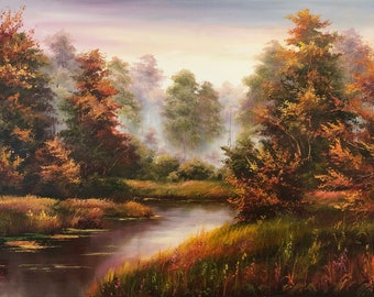 秋の油絵 キャンバスの風景 霧の森 川の絵 暗い自然 壁アート