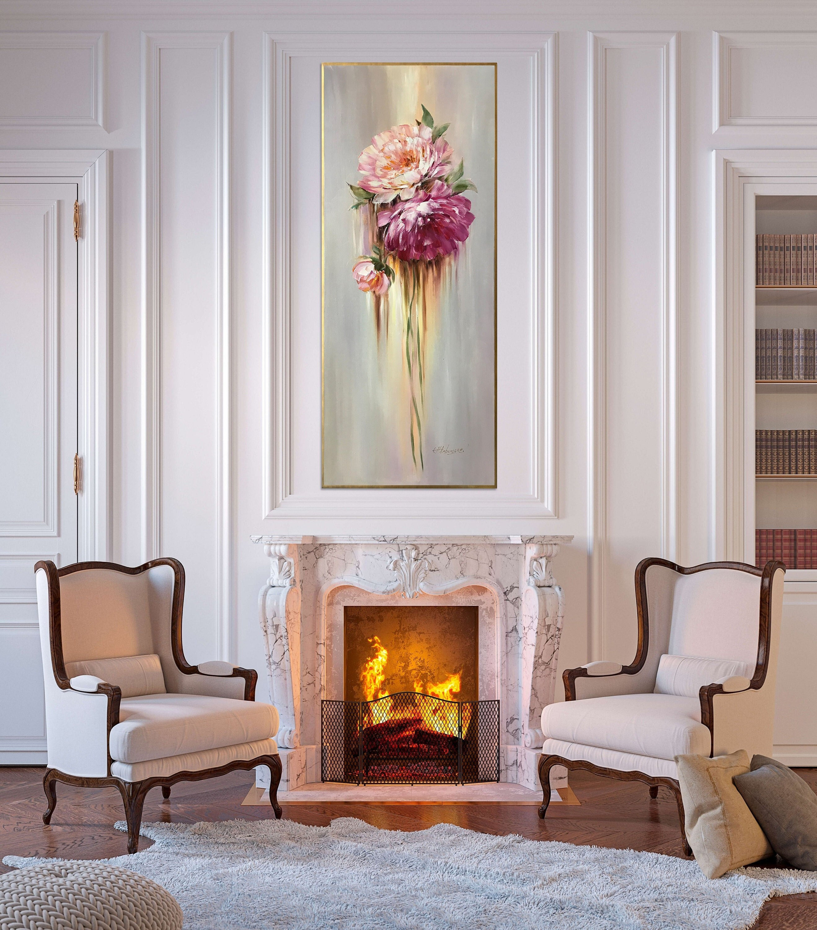 Tiny Canvas Painting Original Long Narrow Wall Art Peonies Oil Painting Tall Peony Wall Art 20x60 Tiny Paintings Long Narrow Wall Decor