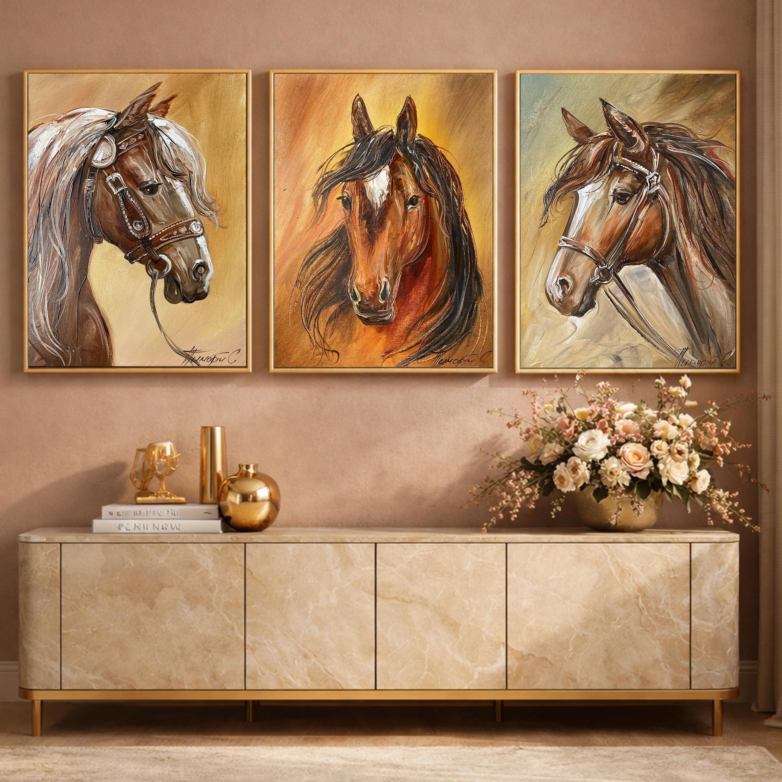Colorful Horse 3 Pieces Wall Art Set, Large Triptych Brown Horses